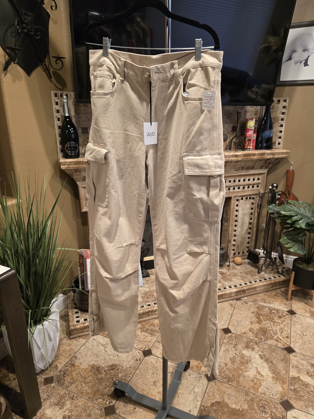 Lui Jo Milano Tan Cargo Pants with Multiple Pockets And Zipper NWT